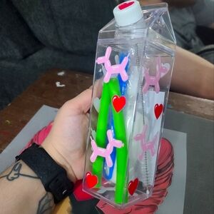 Quirky Clear Bottle with Pink Balloon Dogs and Red Hearts